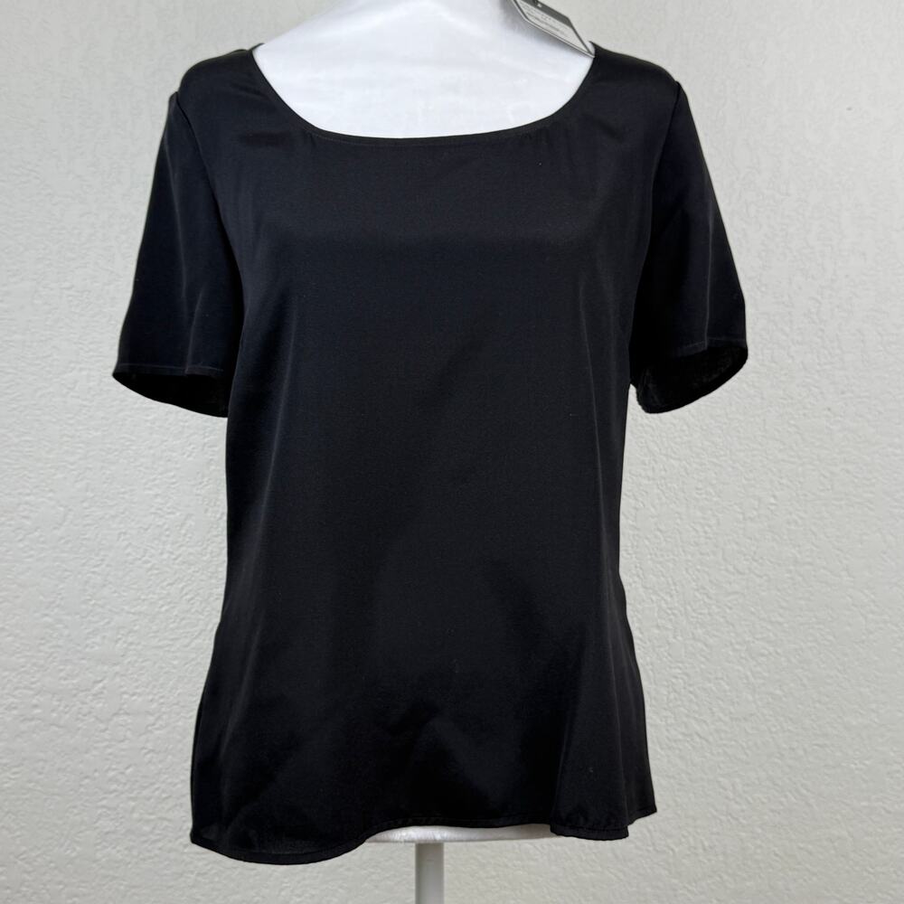 St. John Silk Blend Black Pullover Blouse Scoop Neck Side Zipper Luxury NWT